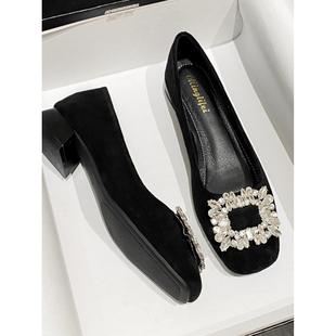 店主自留新款~低跟粗跟浅口单鞋女黑色方头真皮大码一脚蹬豆豆鞋