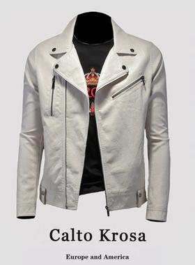 CaltoKrosa~欧美休闲软皮翻领机车皮衣男潮流加绒斜拉炼西装外套