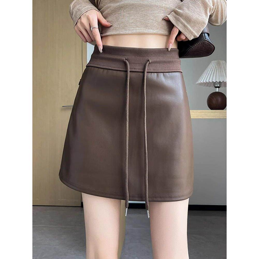咖色真皮皮裙半身裙女2025年冬季新款绵羊皮松紧高腰a字包臀短裙