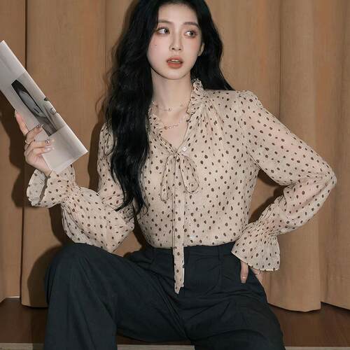 法式Rixo Kelly波点系带喇叭袖长袖上衣女春季绝美娃娃领雪纺衬衫