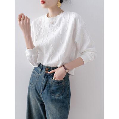 Canary Kiss法式白色字母提花长袖卫衣女春季宽松圆领设计感上衣