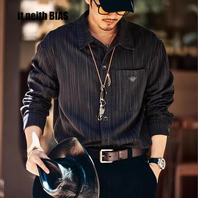 it neith BIAS复古竹节纹衬衫男秋冬款加绒宽松工装长袖黑色外套