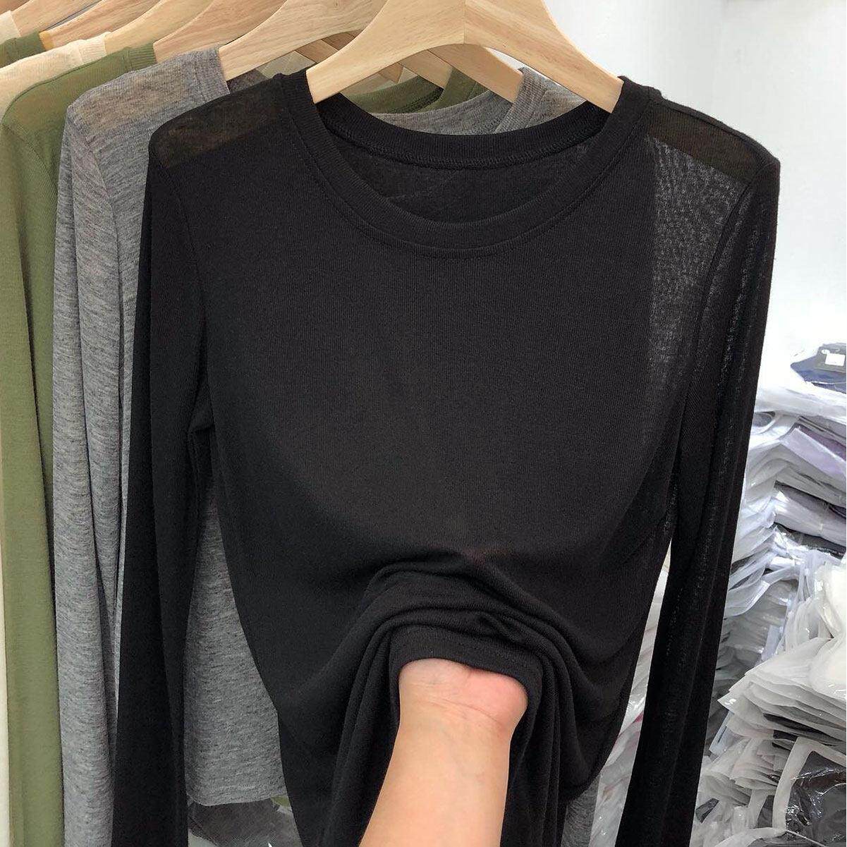 韩国新款黑色长袖T恤女打底衫2025春秋薄款针织内搭纯色上衣T恤