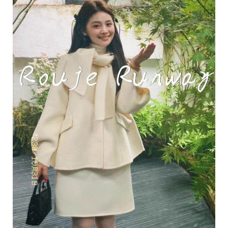法式Rouje Runway富家千金系带领奶白色双面毛呢外套短裙两件套女,女装/女士精品,大码呢大衣,淘宝优惠券,粉丝福利购,淘宝优惠卷