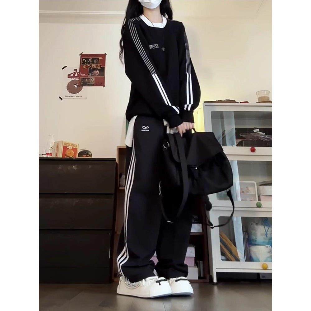 英国DGKP运动服套装女秋季学生条纹卫衣长裤跑步休闲两件套