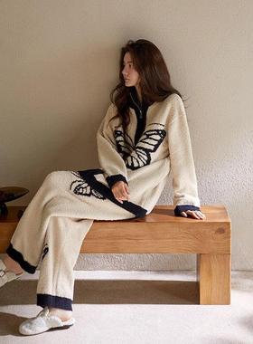 Cardiac 半边绒睡衣女士秋冬款冬季软绵绵保暖珊瑚绒家居服可外穿