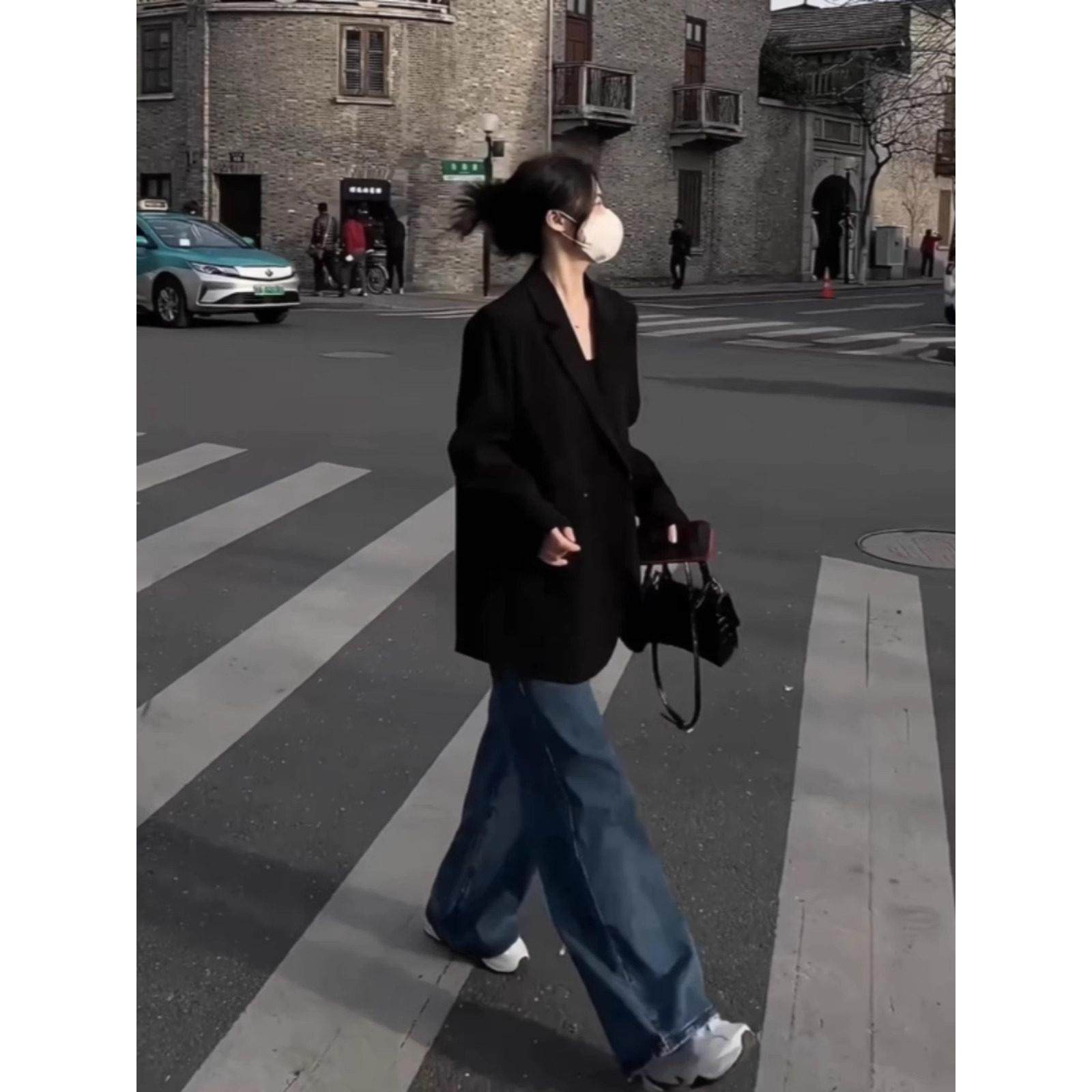 法国Rouje Moaks黑色正肩西装外套女2025春秋冬新款宽松休闲西服