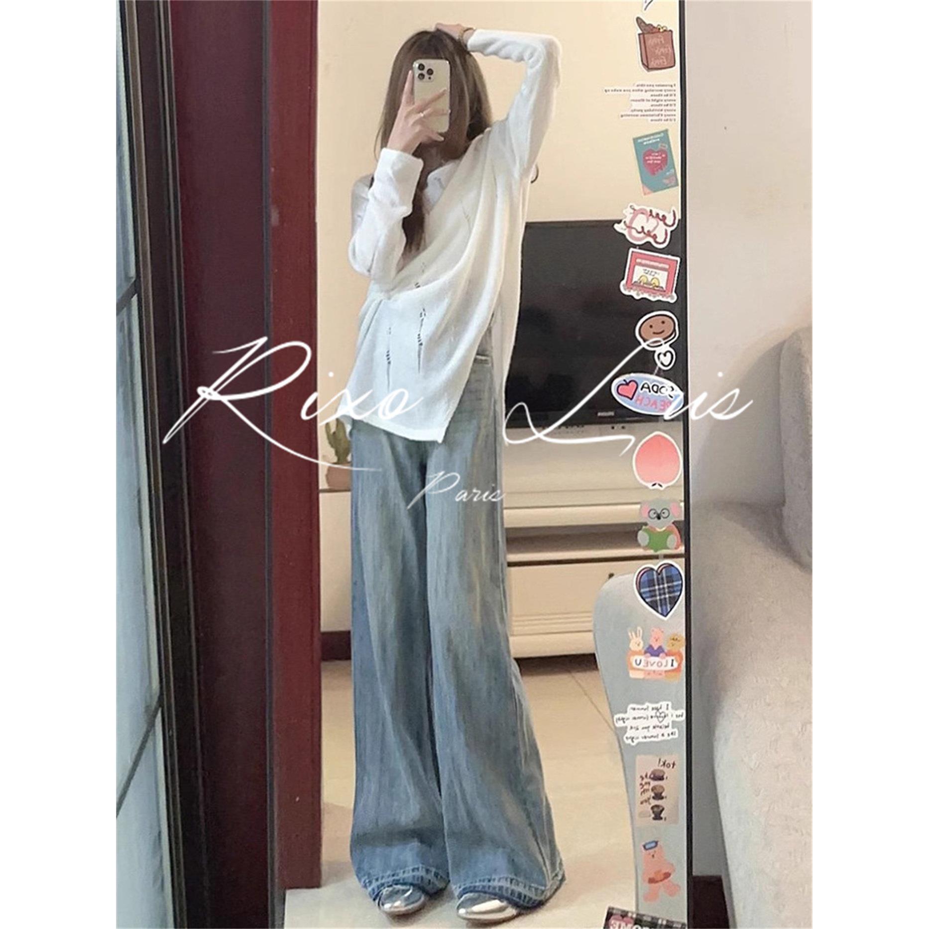 RIXO LRIS法式白色镂空长袖薄款针织罩衫女春夏新款牛仔裤两件套