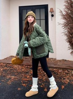 法国ROUJE NAIVE高端羊羔毛拼接绿色菱格棉服女新款宽松保暖棉衣