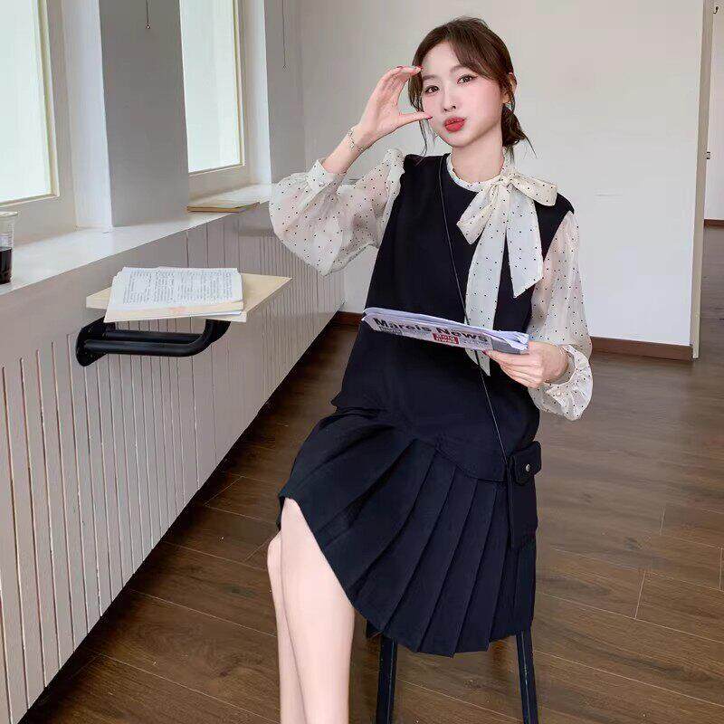 Rouje Moaks小个子穿搭波点打底衫百褶背心裙两件式洋装女春