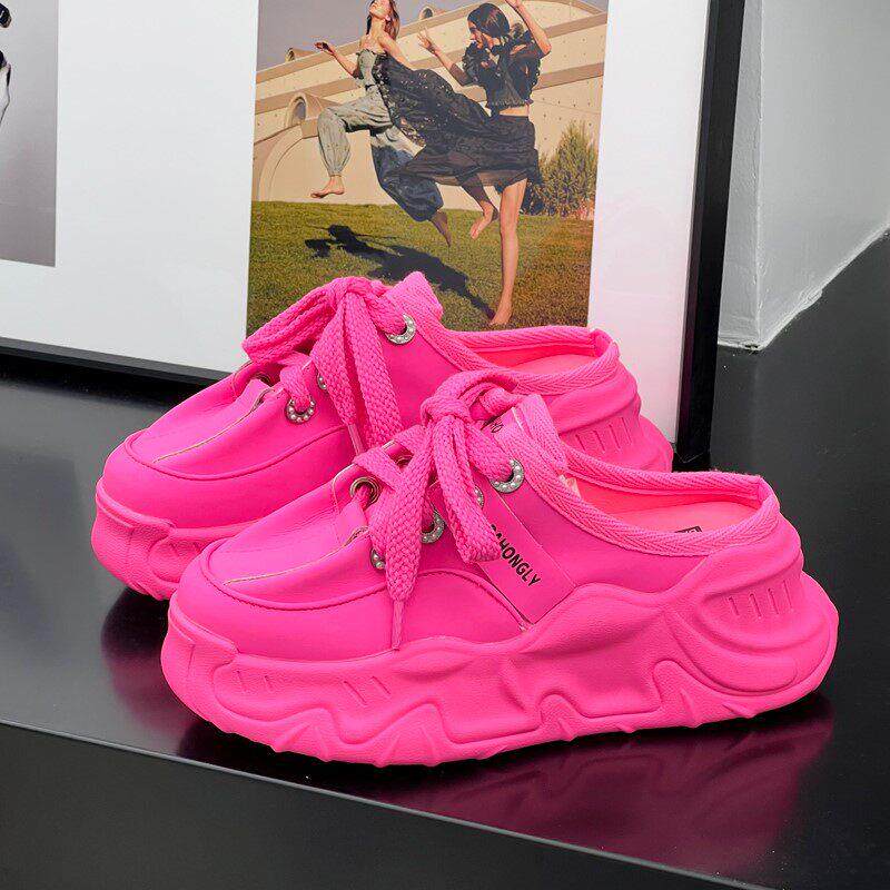 香港真皮包头半拖鞋女外穿2025春款松糕厚底懒人无后跟休闲老爹鞋