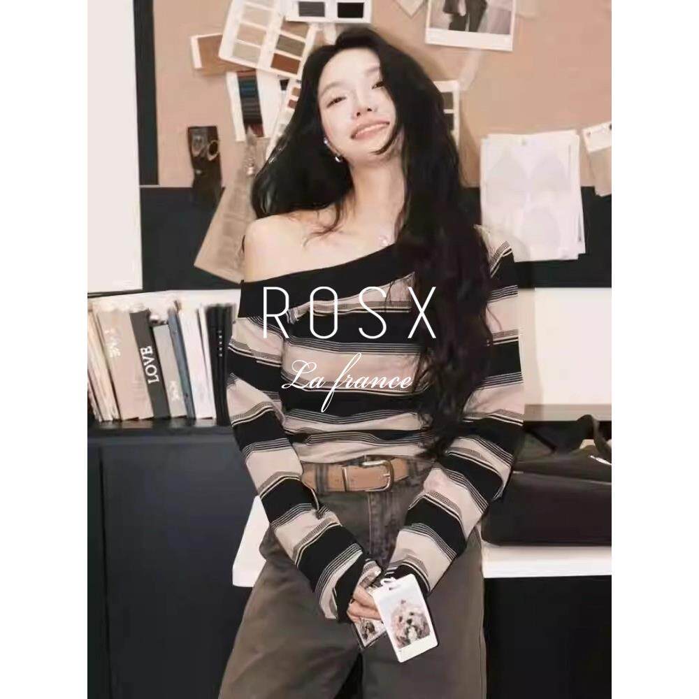 ROSX法式气质高级感斜肩休闲上衣女秋新款设计感条纹百搭长袖t恤