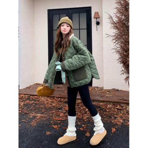 法国ROUJE NAIVE高端羊羔毛拼接绿色菱格棉服女新款宽松保暖棉衣