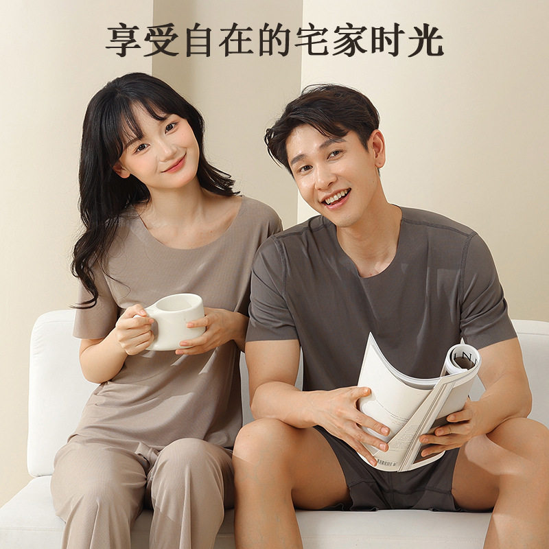 螺纹冰丝无痕睡衣男士夏季新款休闲宽松情侣超薄居家服套装女凉感