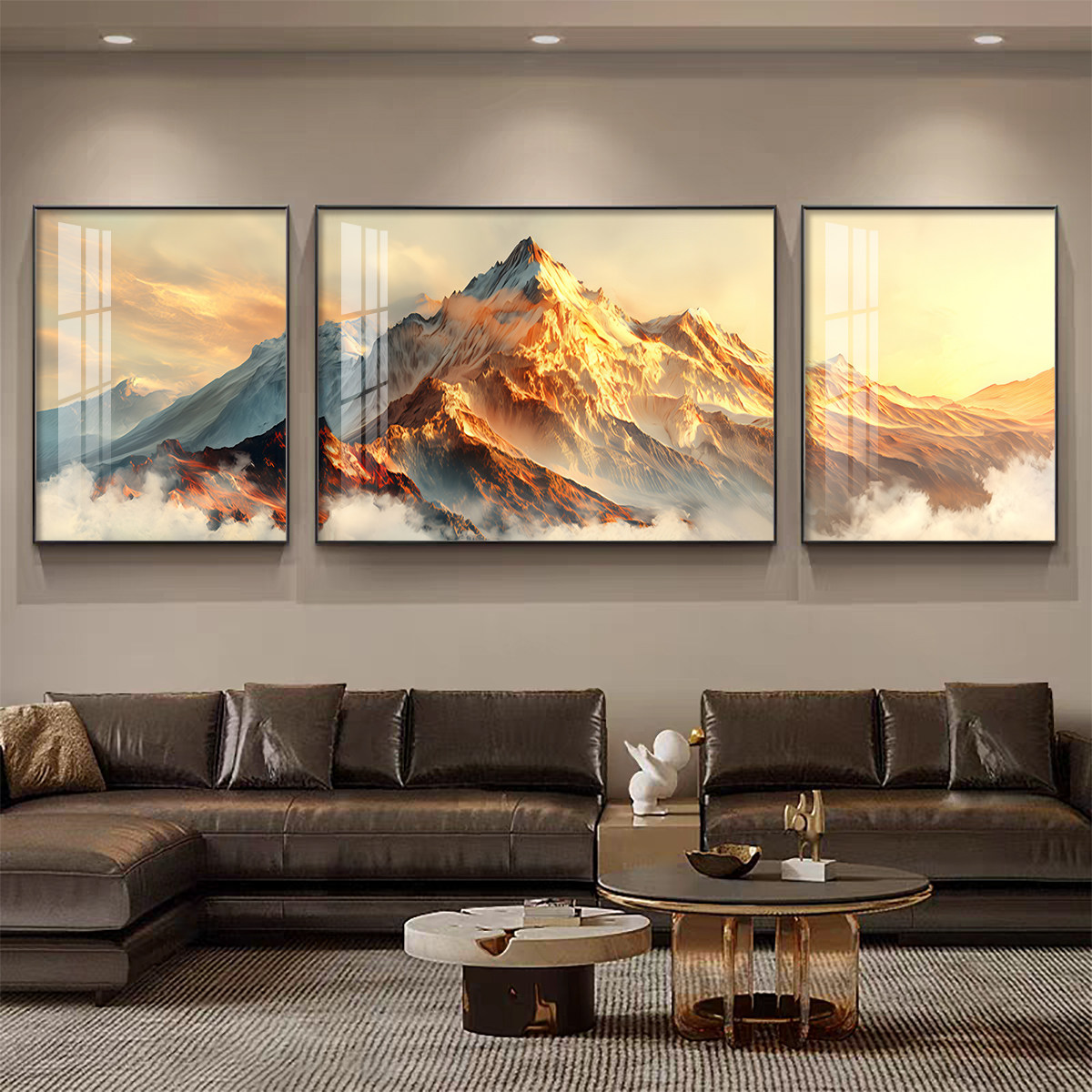 日照金山客厅装饰画现代轻奢沙发背景墙挂画2026好寓意三联壁画