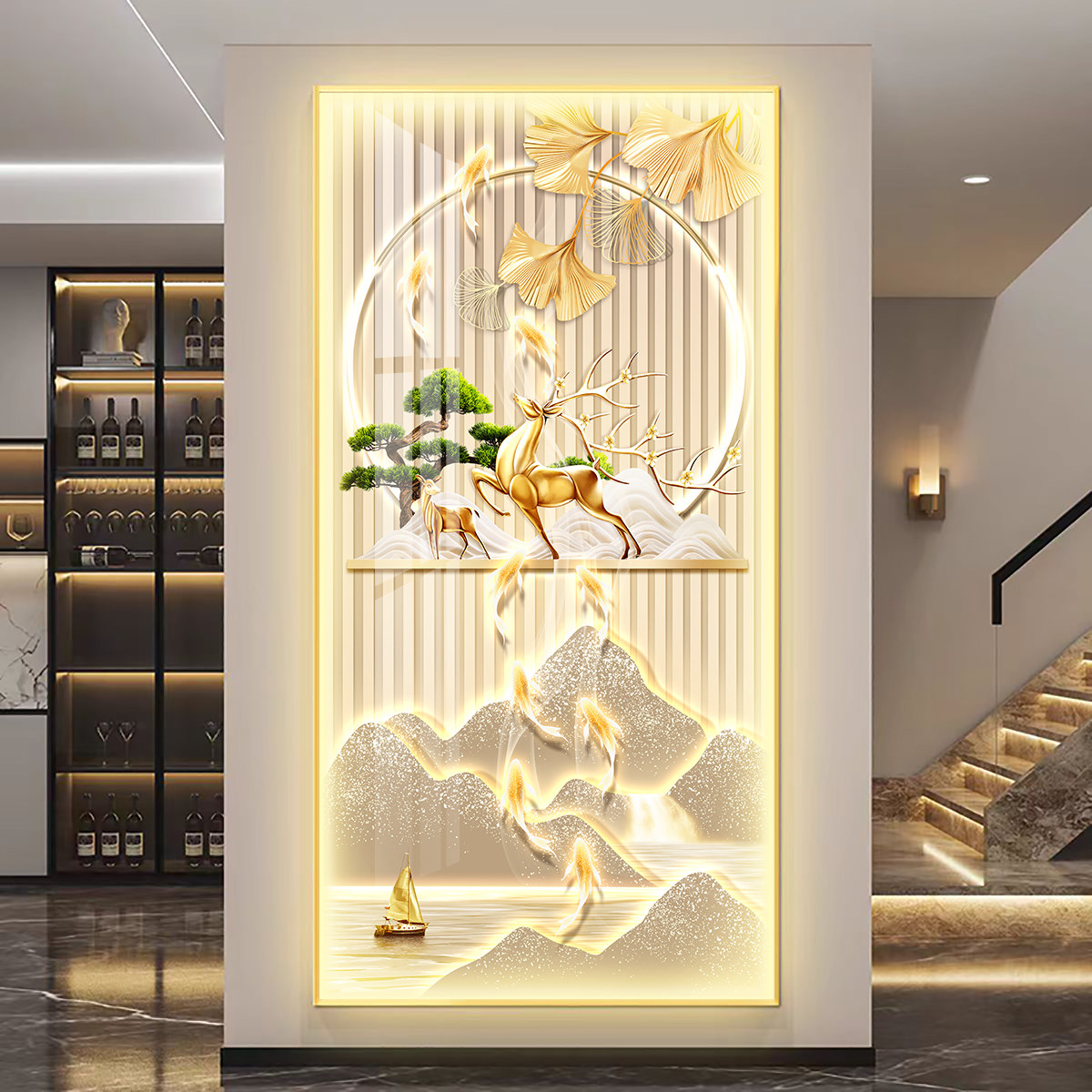 日照金山玄关装饰画高级感入户正对门挂画led灯轻奢走廊过道壁画