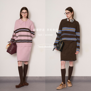 basicshenshen秋冬季条纹撞色polo领针织衫绵羊毛毛衣/半裙套装女