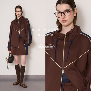 女时尚 basicshenshen秋季 撞色立领抽绳卫衣外套半身短裙两件套装