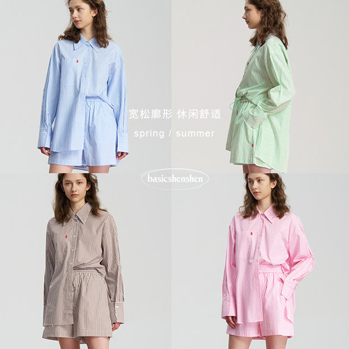 basicshenshen条纹衬衫短裤套装