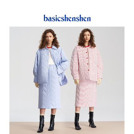 basicshenshen棉服长裙套装女2023秋冬装新款通勤百搭棉衣两件套