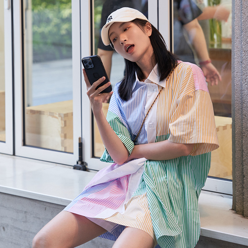 basicshenshen时尚多巴胺条纹拼色短袖衬衫短裤套装女夏度假穿搭