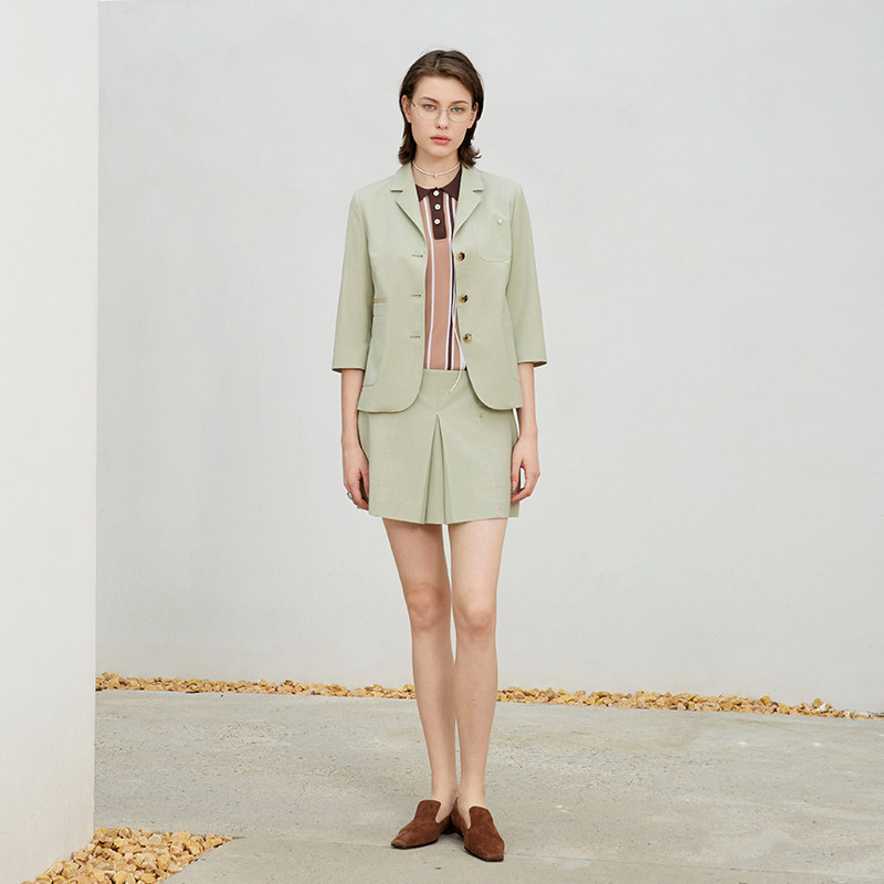 shenshen气质优雅平驳领七分袖西装外套叠褶裙裤时尚套装女春季