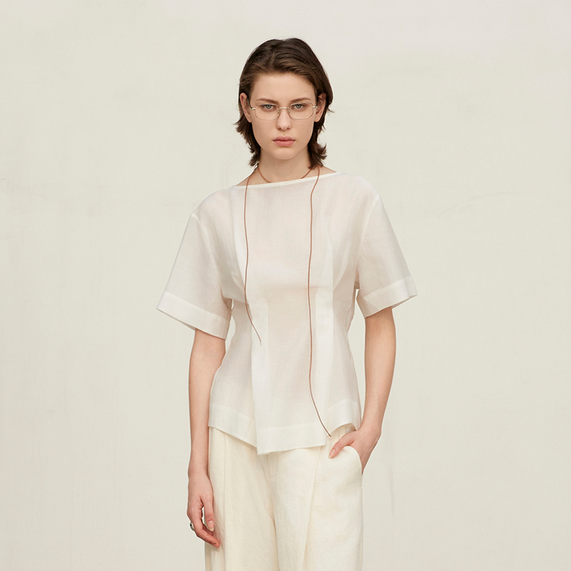 shenshen一字领褶裥衬衫女夏季