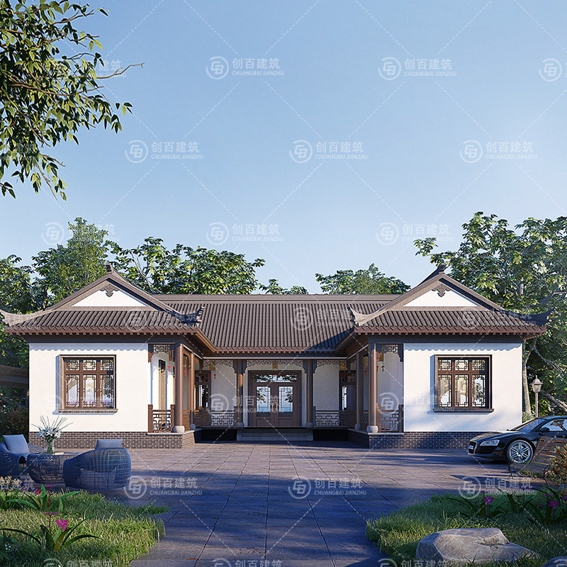 中式一层三四合院别墅施工图纸设计1层农村古建筑自建房经典网红1