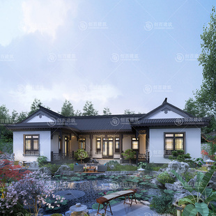 一层新中式别墅新农村自建房图纸设计三合院房屋建筑结构效果图