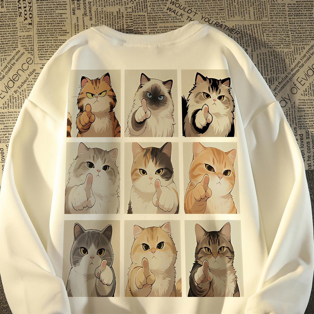 美式慵懒chic九宫格猫咪印花圆领卫衣男女装2025秋季宽松长袖外套