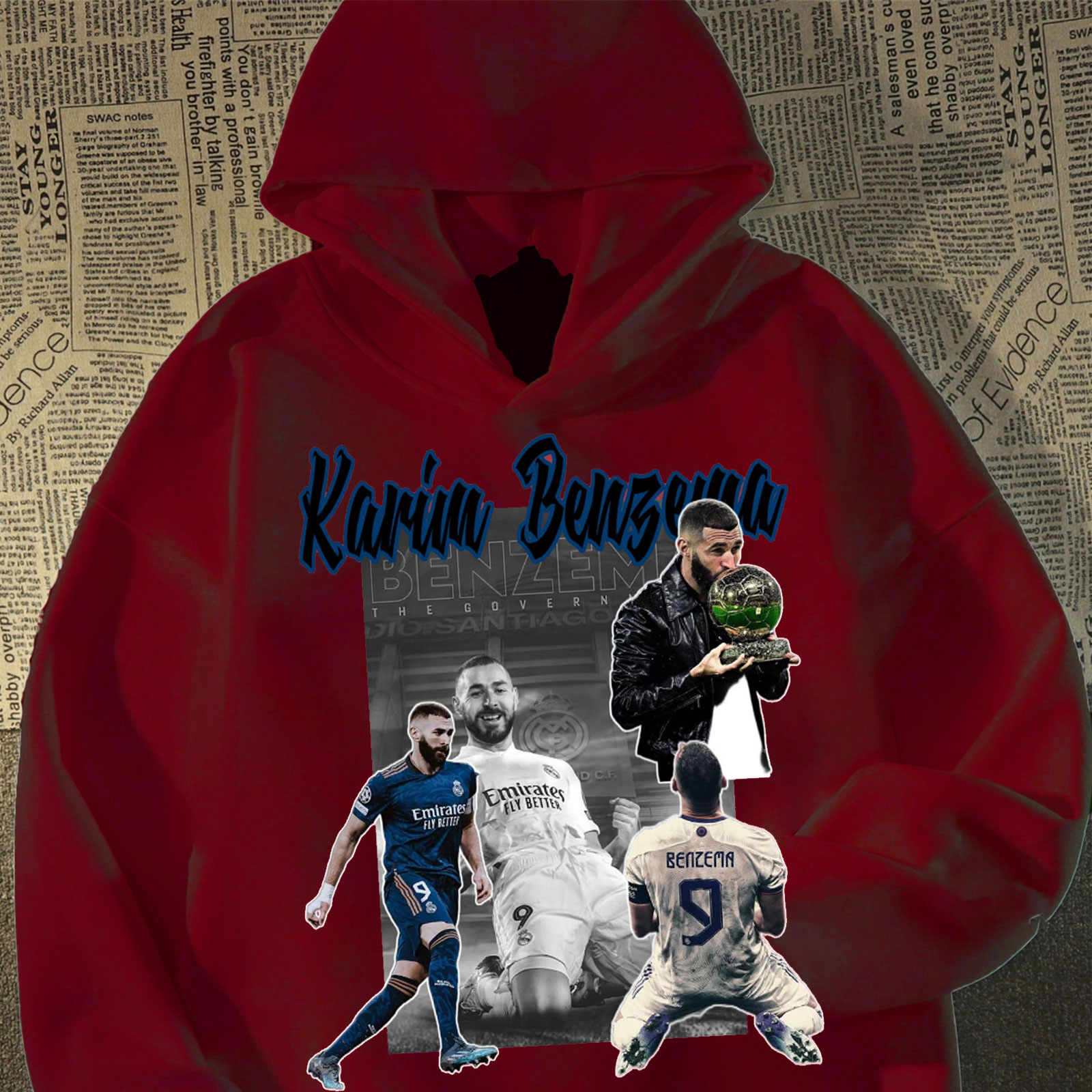 本泽马足球连帽卫衣美式男潮牌复古印花外套百搭宽松加绒长袖帽衫