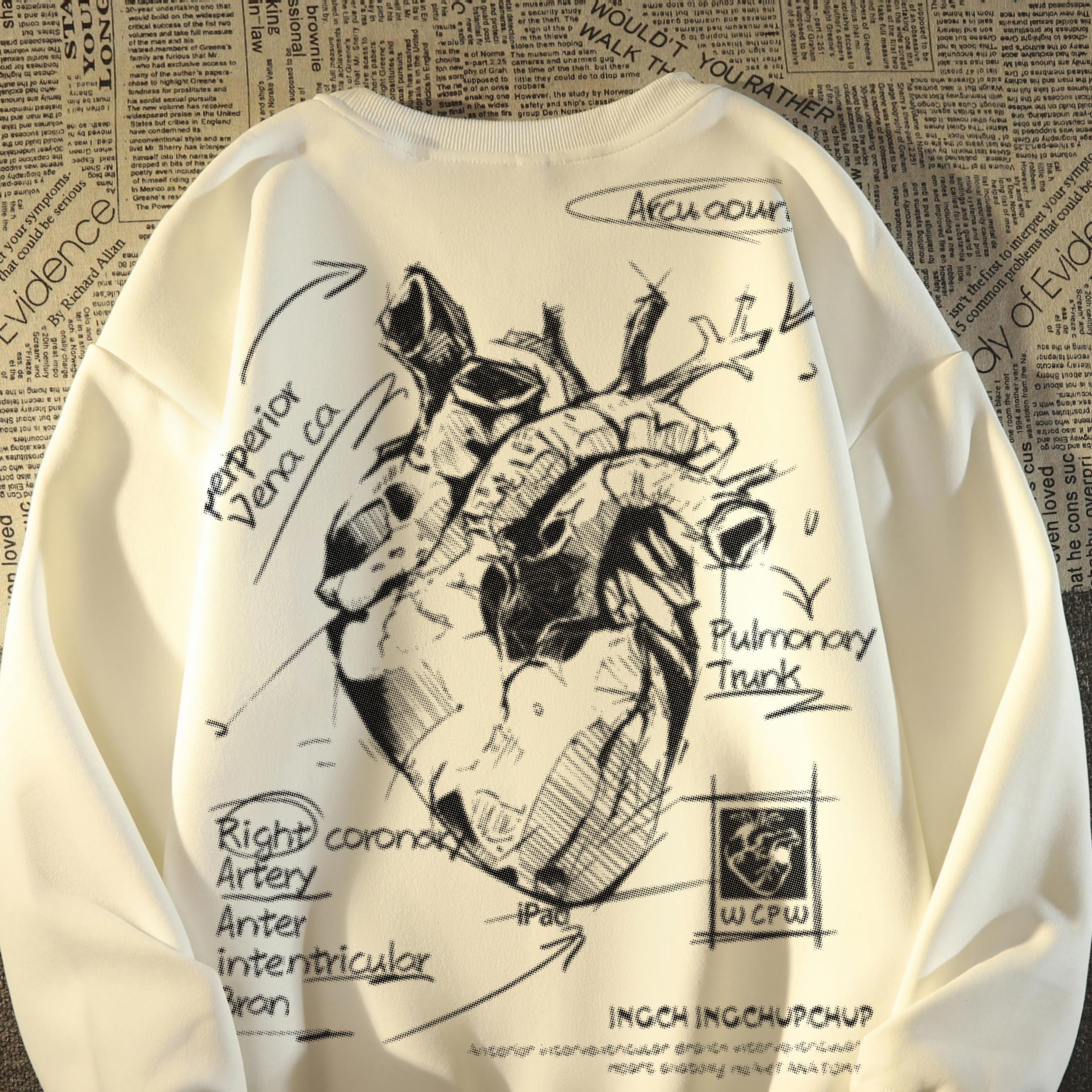 美式复古心脏印花圆领卫衣男女秋冬宽松港风oversize情侣无帽外套