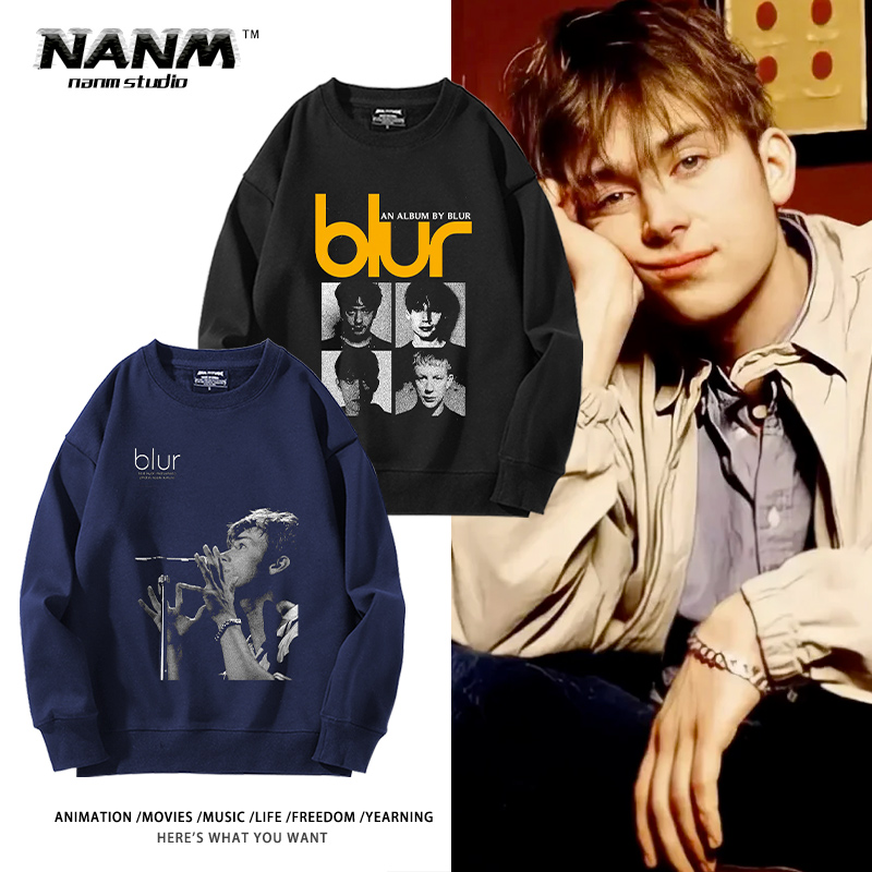BLUR模糊乐队周边圆领卫衣男女秋冬新款加绒百搭摇滚流行乐外套潮
