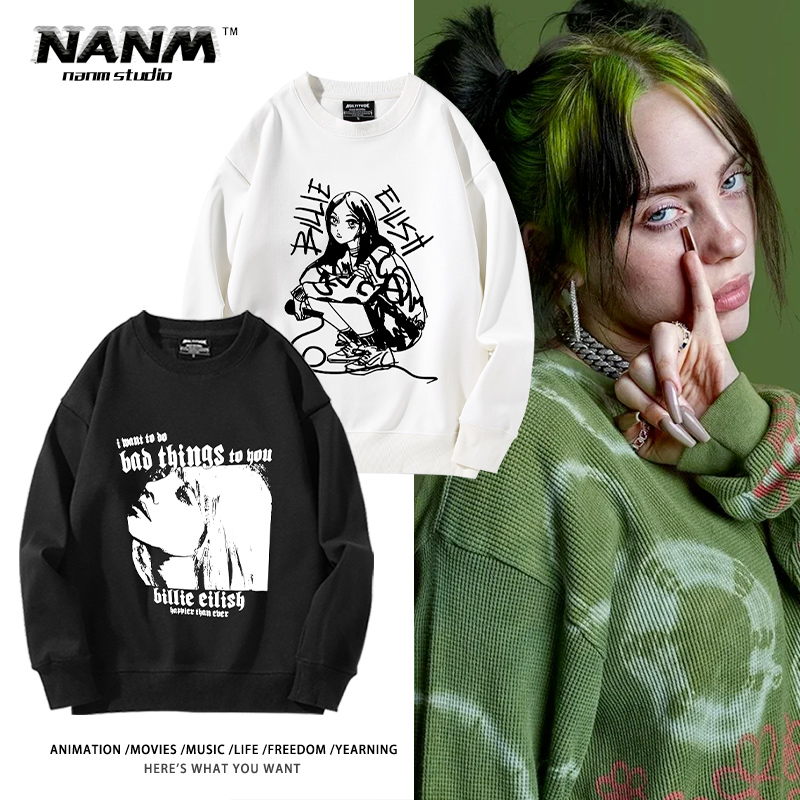 Billie Eilish碧莉周边印花圆领卫衣男女秋冬加绒潮流复古上衣服