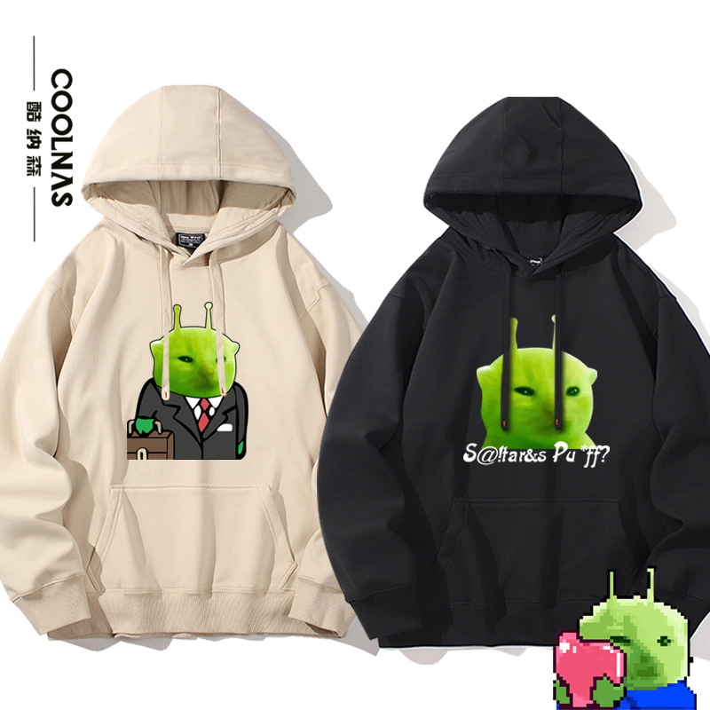 外星猫meme抽象趣味图案男女宽松连帽卫衣春秋百搭帽衫新款上衣服