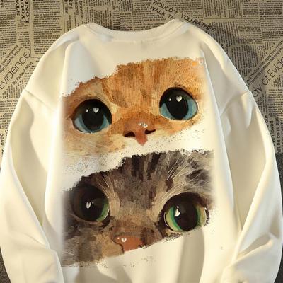 美式卡通猫咪碎片印花圆领卫衣男女薄款宽松高街oversize情侣外套