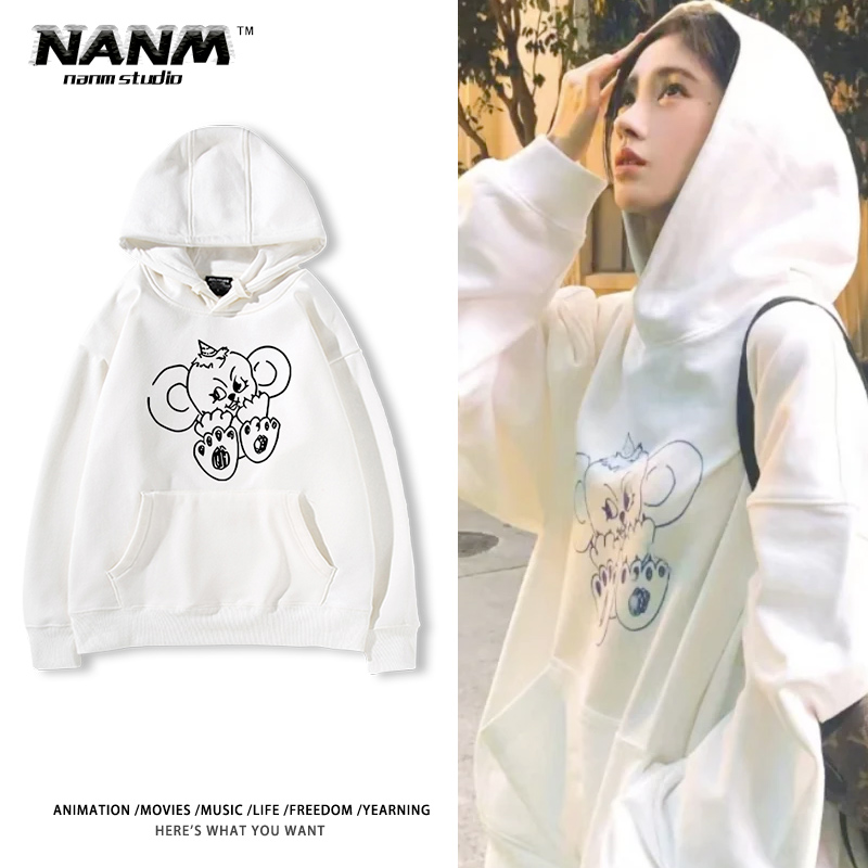 鞠婧祎明星同款白色连帽卫衣男女青少年秋冬加绒长袖休闲宽松衣服