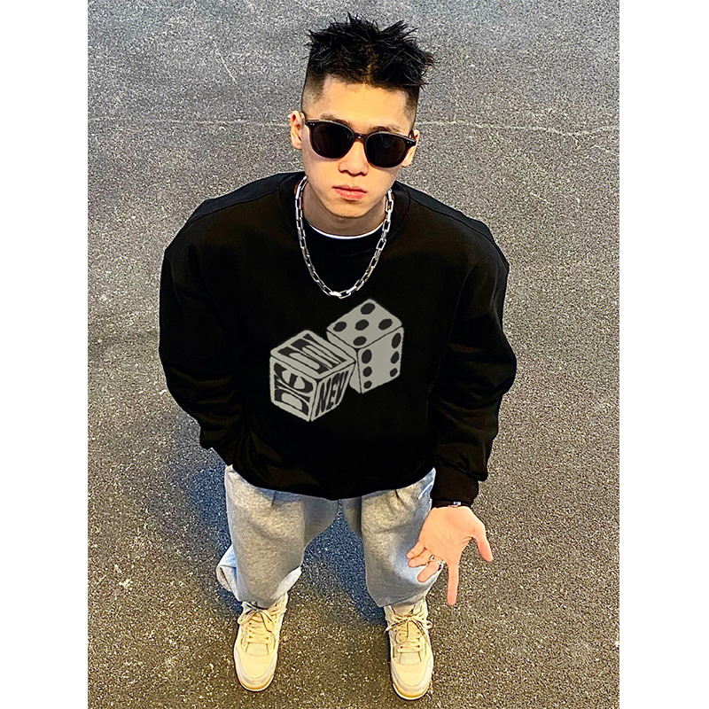 vintage欧美式复古风纯棉长袖t恤男ins潮牌骰子圆领宽松上衣秋季