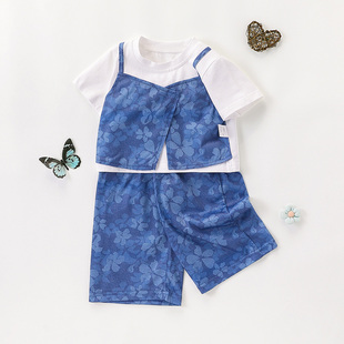 【时髦炸街假两件牛仔套装】女童短袖套装夏季儿童阔腿裤洋气套装