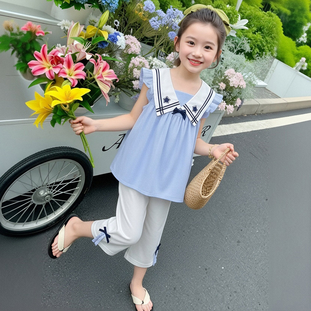 【甜美学院风背心套装】童装女童夏季洋气时髦娃娃衫打底裤两件套