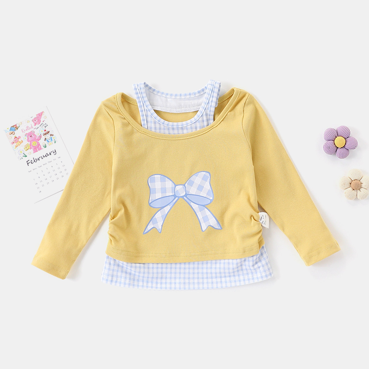 【韩版假两件】童装女童春季时髦长袖上衣儿童休闲舒适百搭打底衫