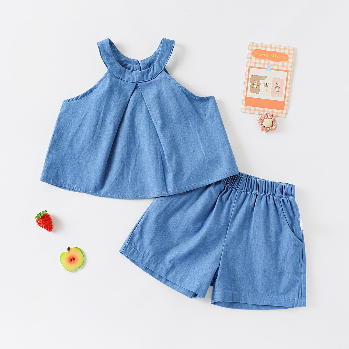 【舒适纯棉牛仔套装】童装女宝宝夏季洋气挂脖背心套装小童两件套