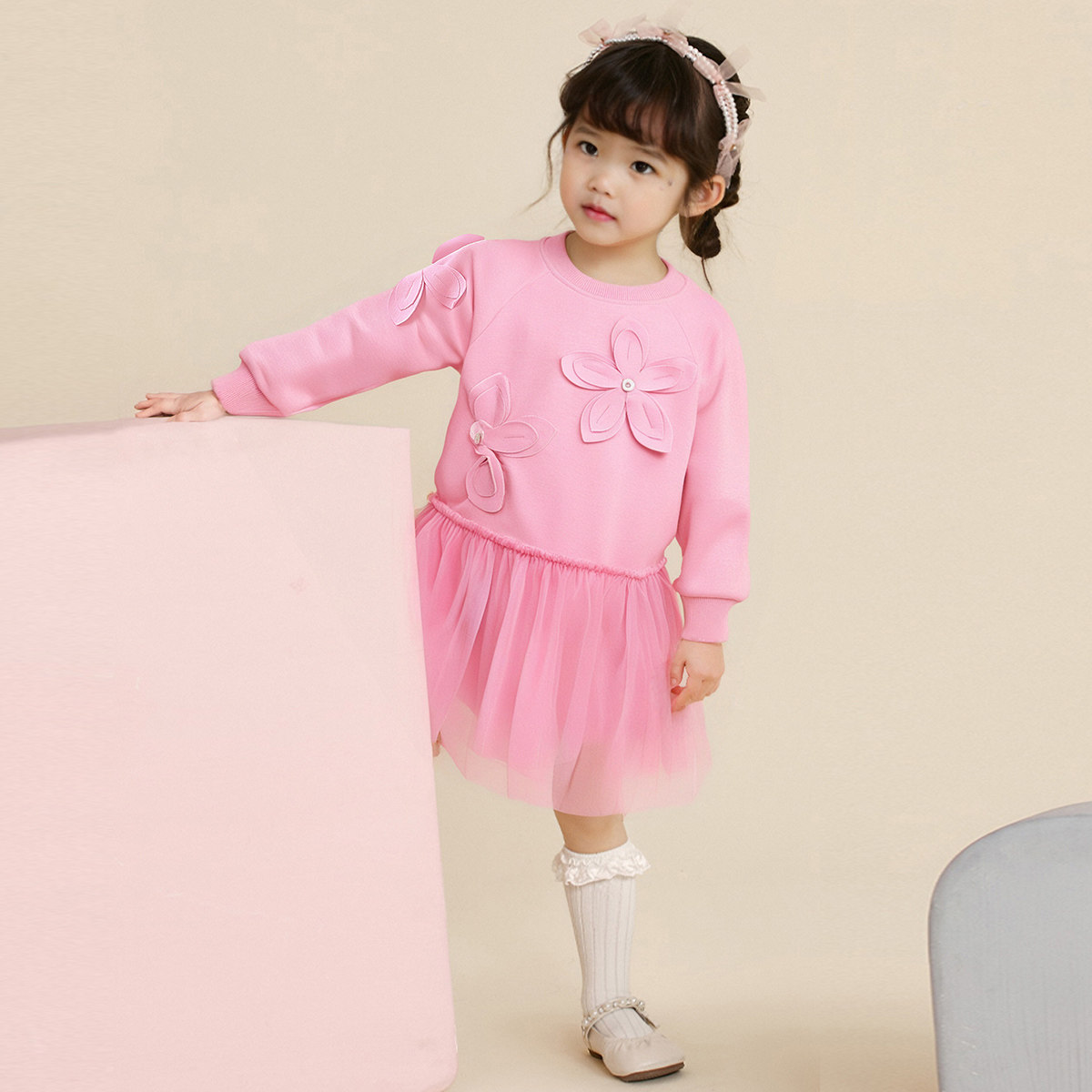 【立体大花朵辅料】童装女童秋季时髦洋气连衣裙小童甜美公主裙子