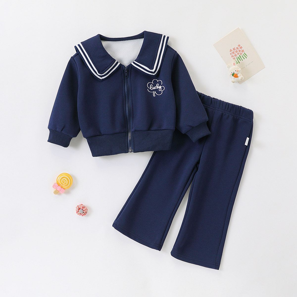 【学院风休闲开衫外套微喇叭裤套装】童装女童春季时尚卫衣两件套