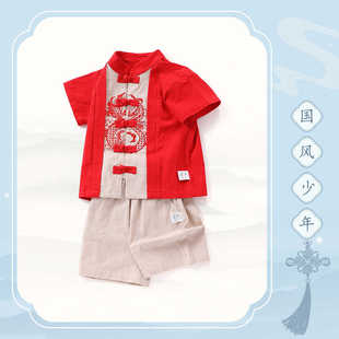 【新国潮】童装男童夏季汉服两件套宝宝复古古风套装周岁服表演服
