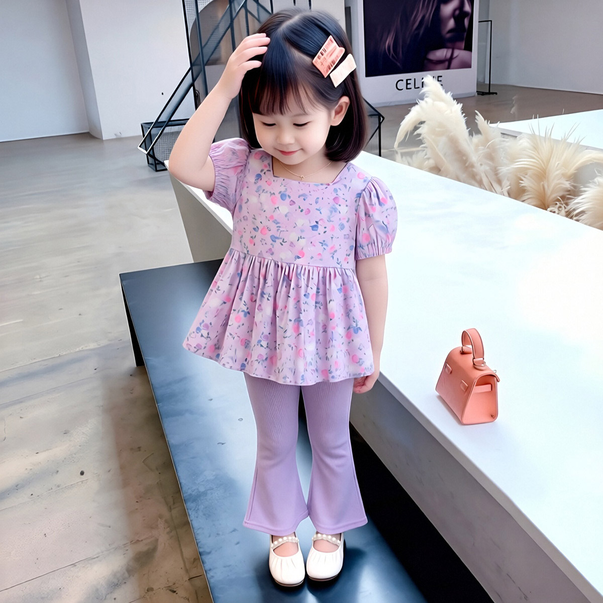 【洋气时髦】童装女宝宝夏季时尚休闲两件套小童花衬衫微喇叭裤子