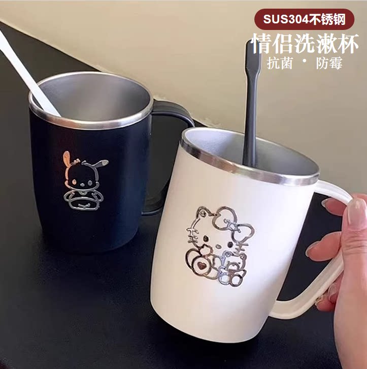 日本304不锈钢洗漱口杯防霉刷牙杯带手柄一家三口简约可爱情侣杯