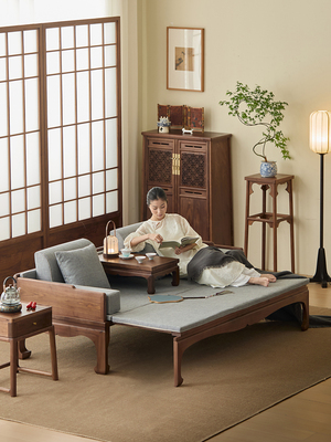 红林坊宋风美学实木罗汉床新中国风宋代沙发床北美黑胡桃榆木