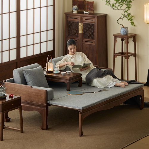 宋式美学推拉罗汉床北美黑胡桃木