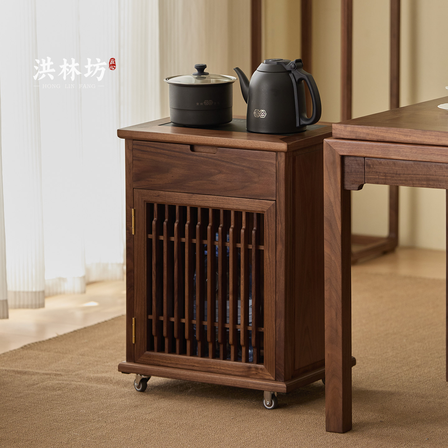 洪林坊新中式小型茶水柜黑胡桃木移动茶桌边柜侧柜烧水置物架茶车,住宅家具,移动边几/推车,淘宝优惠券,粉丝福利购,淘宝优惠卷